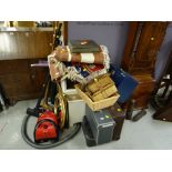 A parcel of items including vintage suitcase, document boxes, rugs, Panasonic vacuum cleaner etc E/