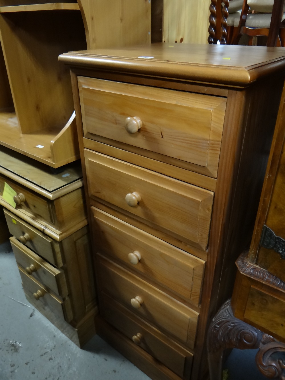 Tall narrow pine chest of five drawers