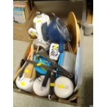 Crate of various household items including storage vessels, sieves, electric kettle etc E/T