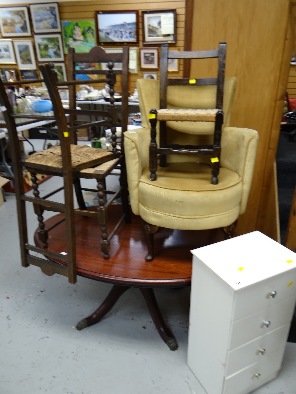 A parcel of furniture to include reproduction oval coffee table, bedroom chair, wicker chairs &