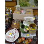 Tray of various ornaments including boxed Royal Doulton 'Bredon Hill' teaware, glass cheese dome