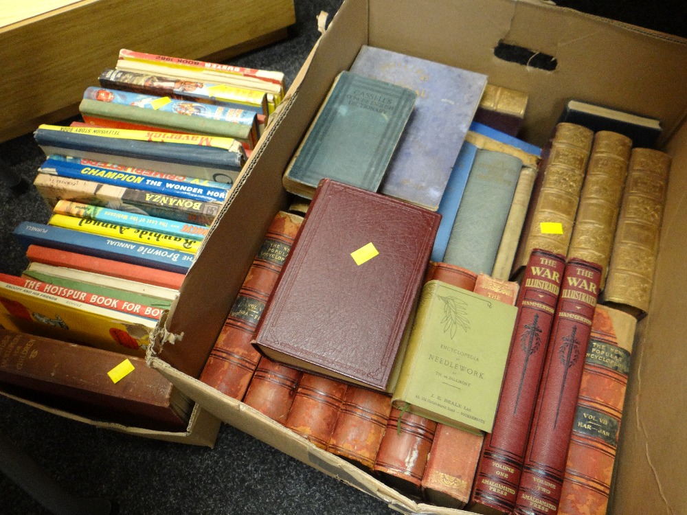 Three various boxes of books including vintage boys annuals, The Hotspur, Bonanza, Champion the