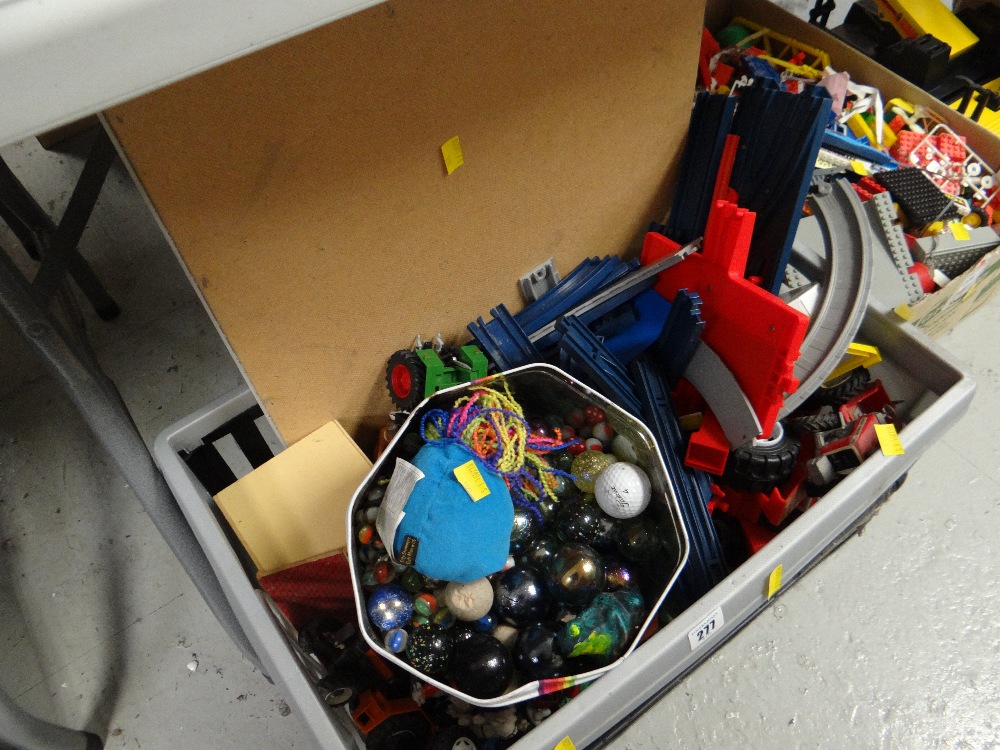 Crate of various children's plastic racing track & vehicles together with a tin of marbles - Image 3 of 3