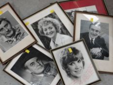 Parcel of framed, some signed, photographs of mainly TV stars including Mavis Riley, Spike Millegan,
