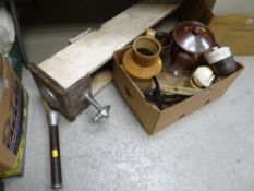 Vintage beer pump, stoneware bottles & jars, weighing scales etc