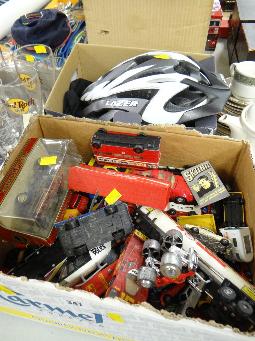 Box of various Diecast toy cars, Corgi Matchbox etc together with a Lazer cycle helmet - Image 2 of 3