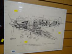 A framed sectioned drawing of the super marine Spitfire single seat fighter RAF