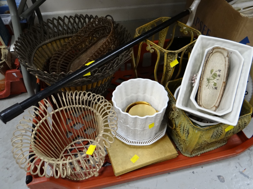 A crate of various metal & ceramic planters