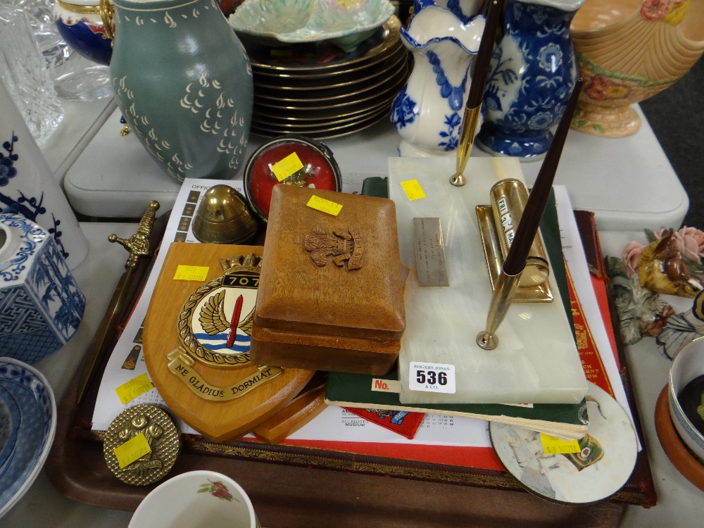 Tray of military ephemera including desk blotter, pen stand etc relating to the Welch Regiment