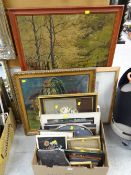 Box of framed cross stitches, prints, two vintage oils on canvas etc