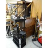 A vintage drop down bureau, bird cage & TV stand