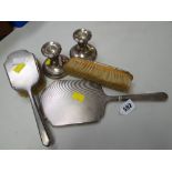 A hallmarked silver Walker & Hall engine turned decorated part-dressing table set together with a