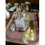 Brass candlesticks, EPNS & glass condiment stand etc