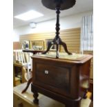 A vintage mahogany commode / stool, two reproduction tripod tables