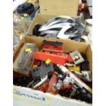 Box of various Diecast toy cars, Corgi Matchbox etc together with a Lazer cycle helmet