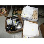 Box of various kitchen items including saucepans, kettle etc together with two boxes of various