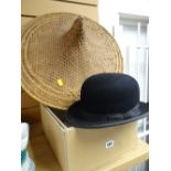 A vintage Austin Reed bowler hat & two Chinese wicker field workers hats