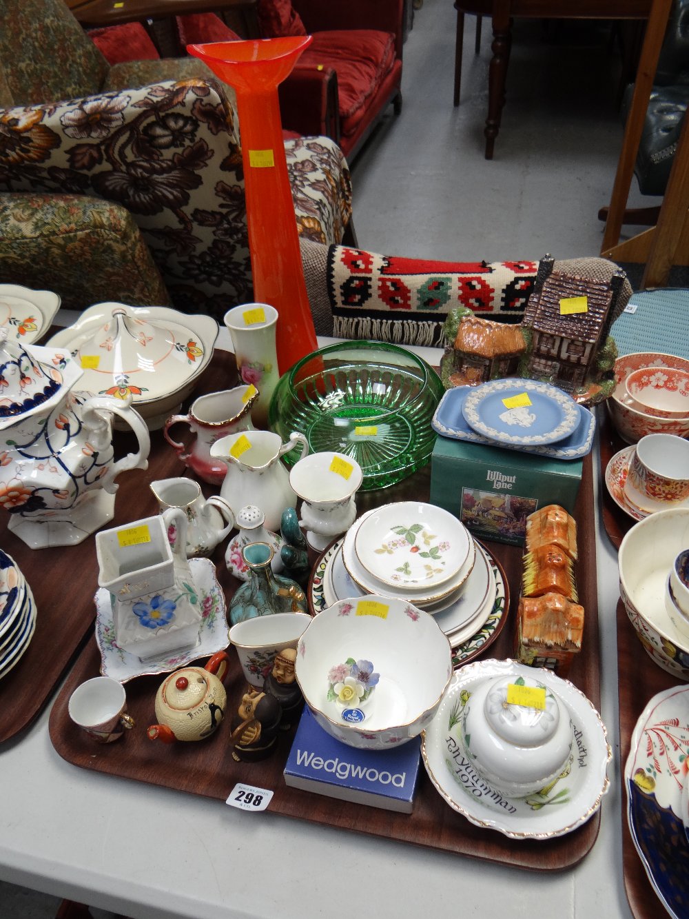 Tray of various china & glass including Liliput Lane cottages, Wedgwood etc