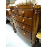 Early twentieth century bow fronted mahogany veneered chest of drawers, two short above three long