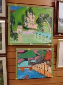 Two framed naive oils on canvas of the Thames embankment & Portmeirion