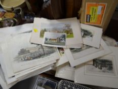 A large parcel of various unframed coloured prints & etchings