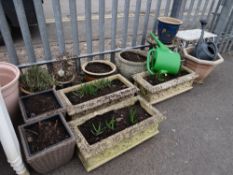 Three stone garden troughs, planted pots, birdbath etc (outside)