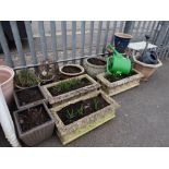 Three stone garden troughs, planted pots, birdbath etc (outside)