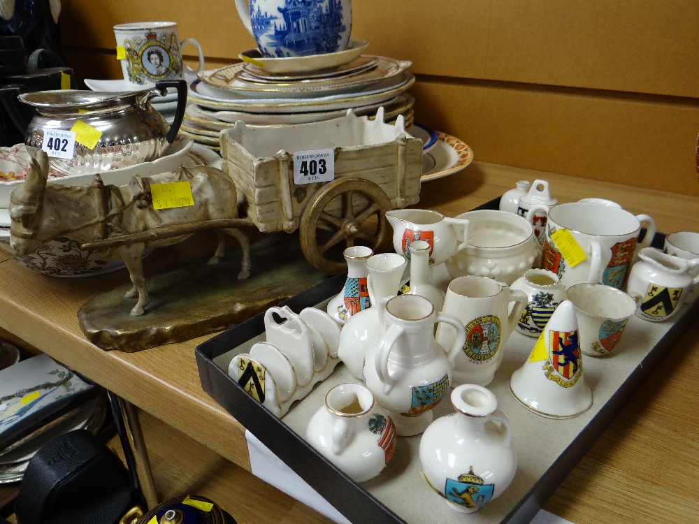 A Royal Dux donkey & cart together with a small parcel of crestedware