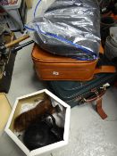 Boxed fur hat & another, dinner suit, two suitcases & walking sticks