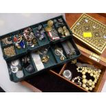 A wooden jewellery box, small amount of contents together with a collection of military buttons &