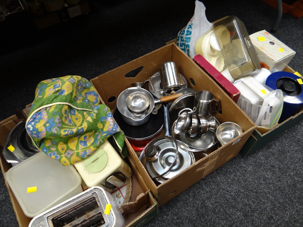 Three boxes of various kitchen items including stainless steel ware, storage boxes, Kenwood