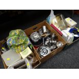 Three boxes of various kitchen items including stainless steel ware, storage boxes, Kenwood