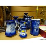 A parcel of vintage Staffordshire blue & white jugs & vases