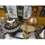 A Tiffany-style table lamp, copper urn & bucket, companion set