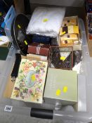 Crate of various household items including frying pan, scented candles, bathroom accessories etc