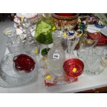 Three decanters, cut glass bowls etc