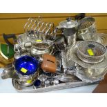 Parcel of various EPNS including large gallery tray, teaware, bottle coasters, hip flask etc