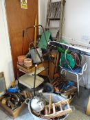 Garage contents including garden tools, wooden stepladders, tin bath, tools etc