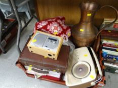Crate of mixed items including vintage Bush radio, Pure DAB radio, crocheted blanket, small suitcase