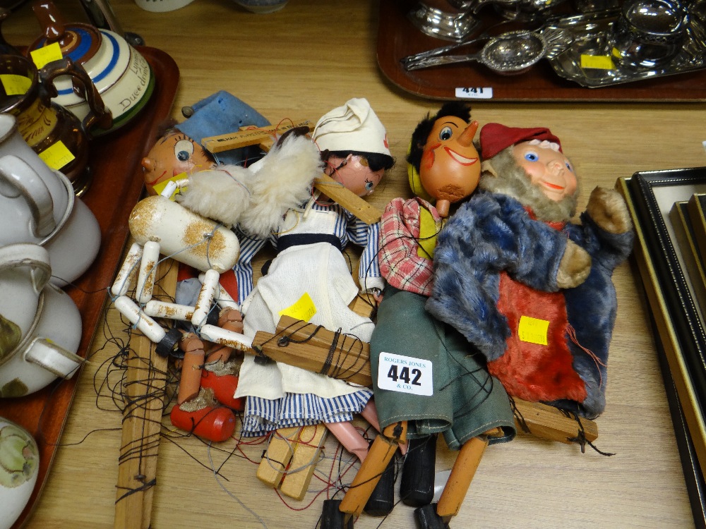 Collection of vintage Pelham puppets including Noddy, nurse, Pinocchio together with a vintage glove
