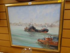 Oil on canvas of moored tugs, signed GATES