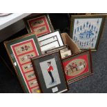 A box of framed military uniform prints together with military photographs