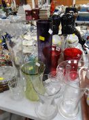 Collection of coloured & clear glass vases, cut glass decanter etc