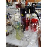 Collection of coloured & clear glass vases, cut glass decanter etc