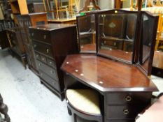 Stag corner mirrored dressing table & stool together with a chest of drawers