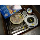 Box of various kitchen china & stainless steel ware etc