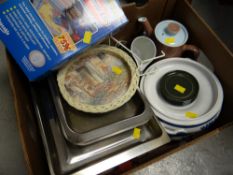 Box of various kitchen china & stainless steel ware etc