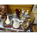 Tray of various ornaments & glassware including continental figurines, red glass jug etc