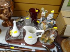 Tray of various ornaments & glassware including continental figurines, red glass jug etc
