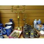 Selection of horse brasses, large brass candelabra, companion set, trivets, pewter tankards etc